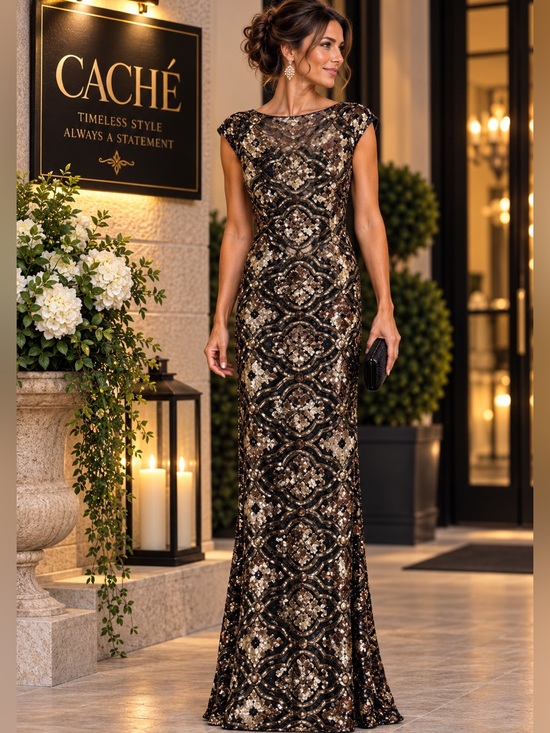 Cache Dresses & Skirts - CACHÉ Vintage Beaded Sequin Illusion Neck Formal Evening Gown Black Gold Size 4